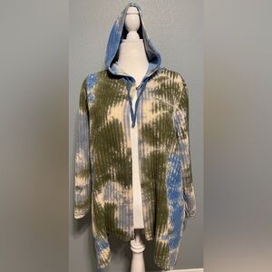LOGO Lori Goldstein Hooded Open Cardigan Tie Dye Ribbed Blue Green Cozycore XL